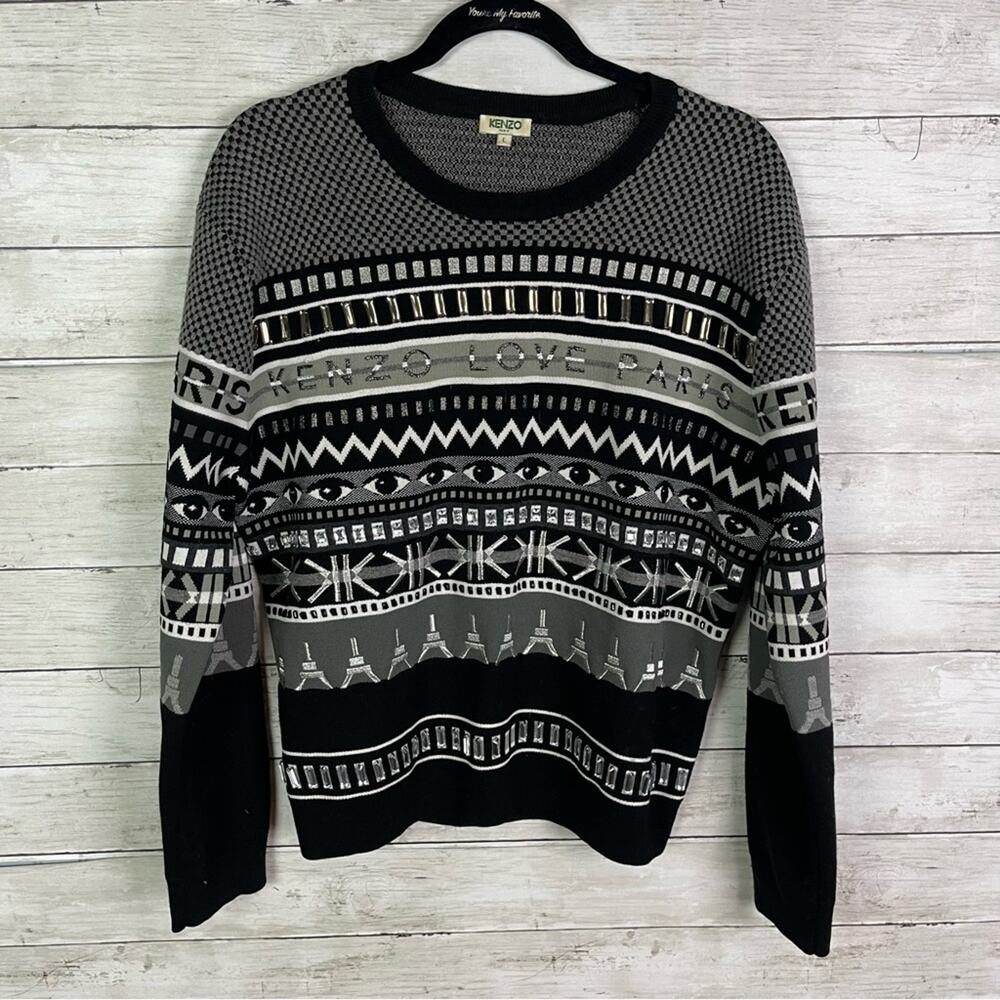 Kenzo Striped Embroidered Wool Eye Motif Embellished Sweater Size Large